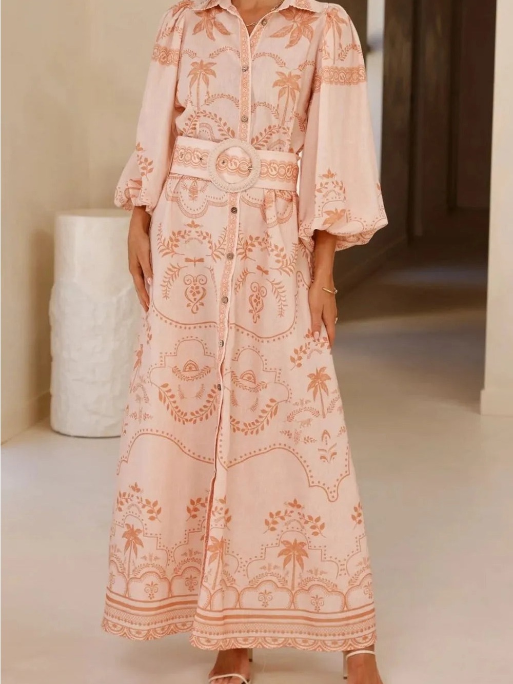 Blush Peach Embroidered Button-Front Maxi Dress